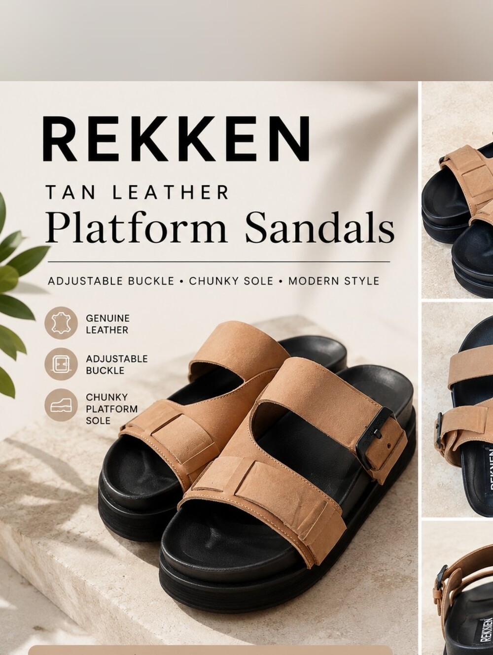 REKKEN tan leather platform sandals Size 5.5